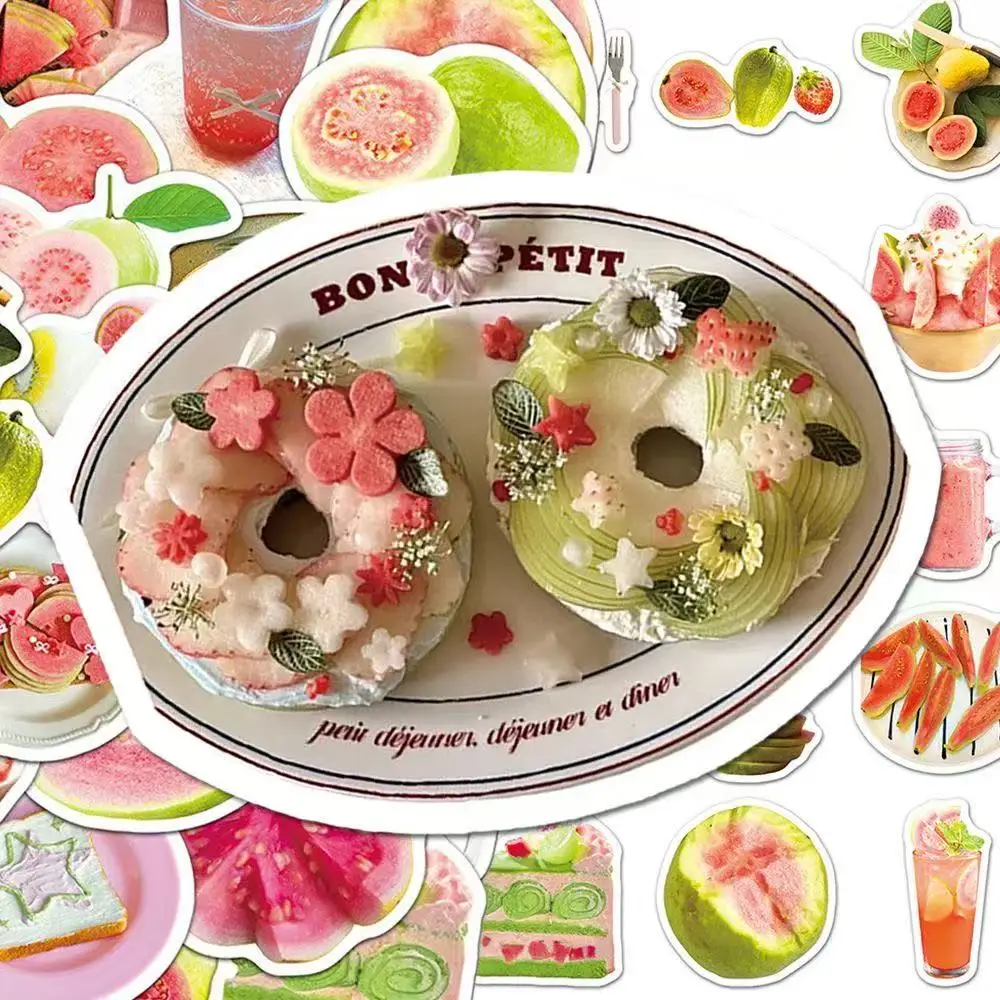 50Pcs 핑크 그린 구아바 인스 신선한 애프터눈 티 음식 작은 아이템 장식 스티커 전화 저널 스크랩북 물병 DIY