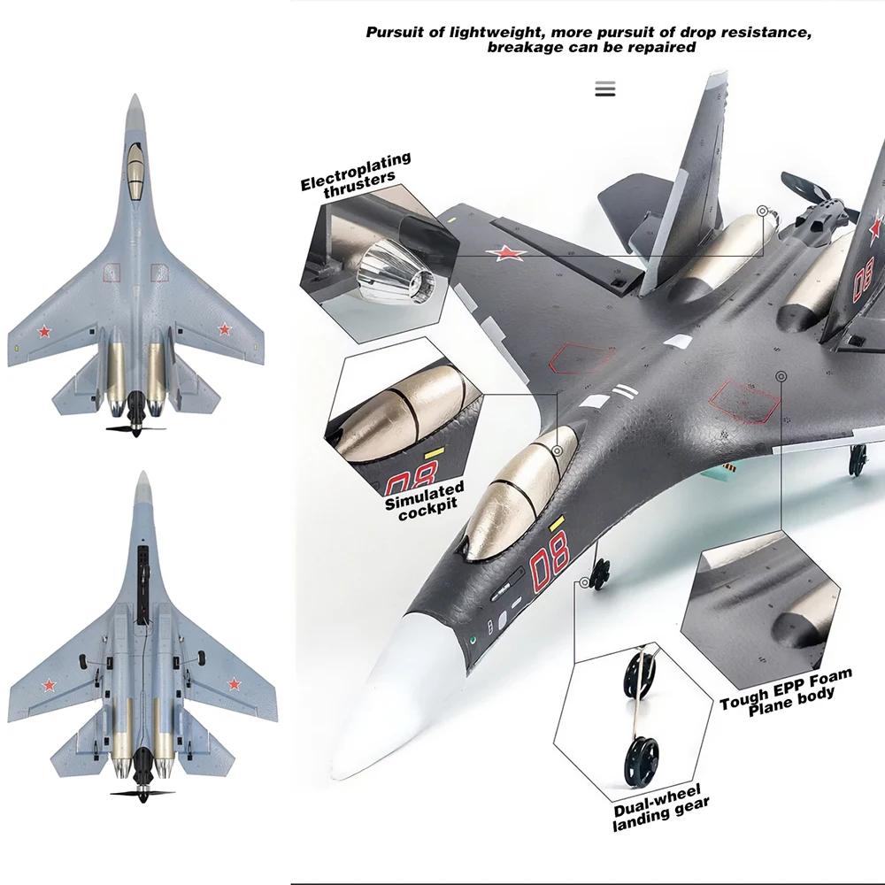 Profil de l'avion RC Su-35 4 canaux 2.4GHz, révélant ses ailes delta et son fuselage aérodynamique.