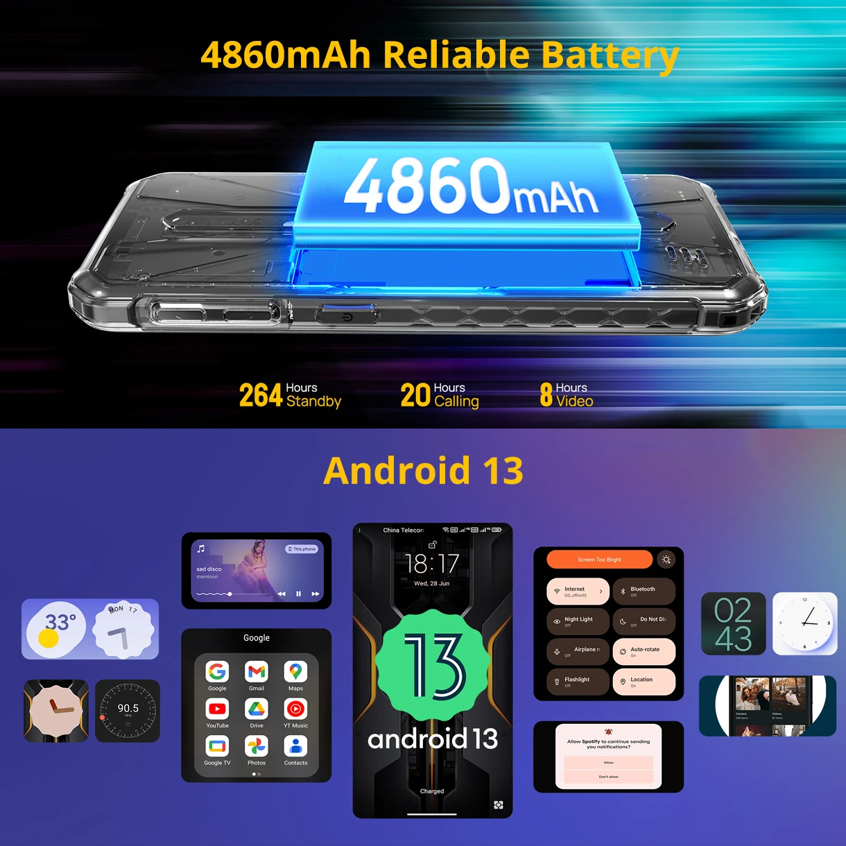 Ulefone Armor X12 Pro，Android 13 ，Up to 8GB+64GB ，4860mAh，13MP 5.45"4G NFC， Global Version，Dual 4G VoLTE，3-Card Slot