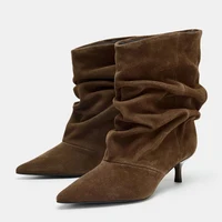 Liyke Designer Pleated Sued Ankle Boots For Women Winter Street Vintage Pointed Toe Thin Low Heels Runway Shoes Brown Booties 3