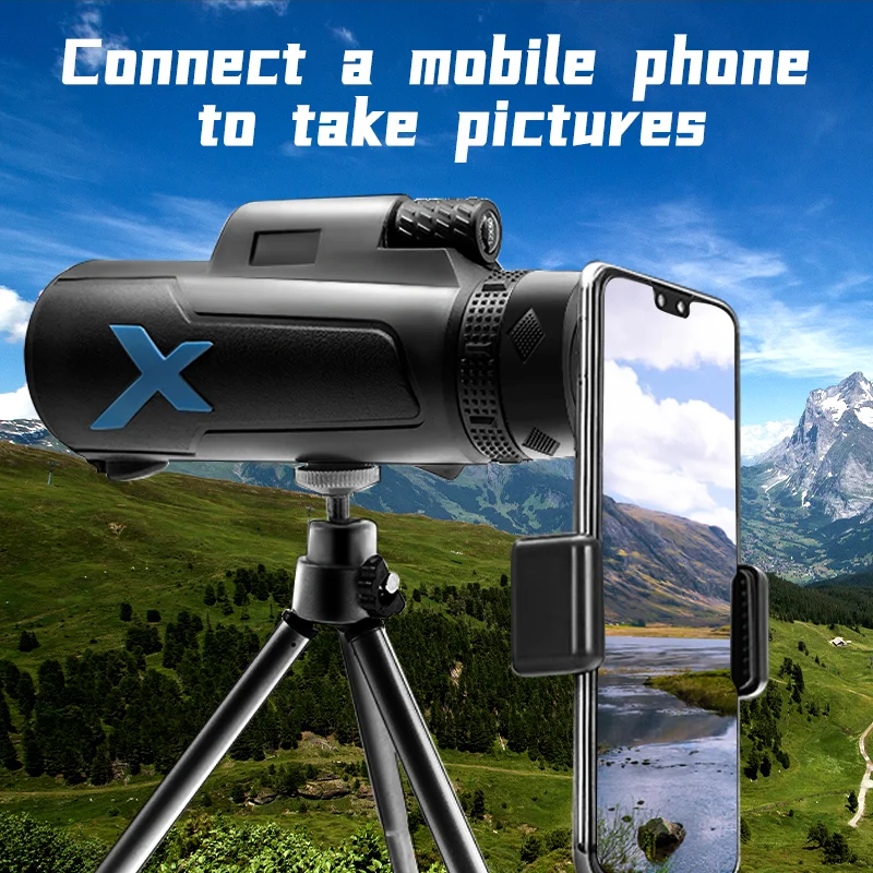 Monocular Telescope Portable Binoculars Tripod Phone Clip 12x50
