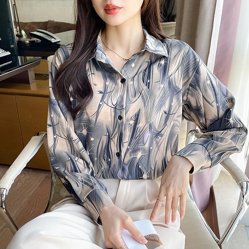 

Шифоновые Женские рубашки в стиле ретро, новые модные блузки с принтом, свободная Женская одежда с воротником-поло, топы с длинным рукавом для весны и лета