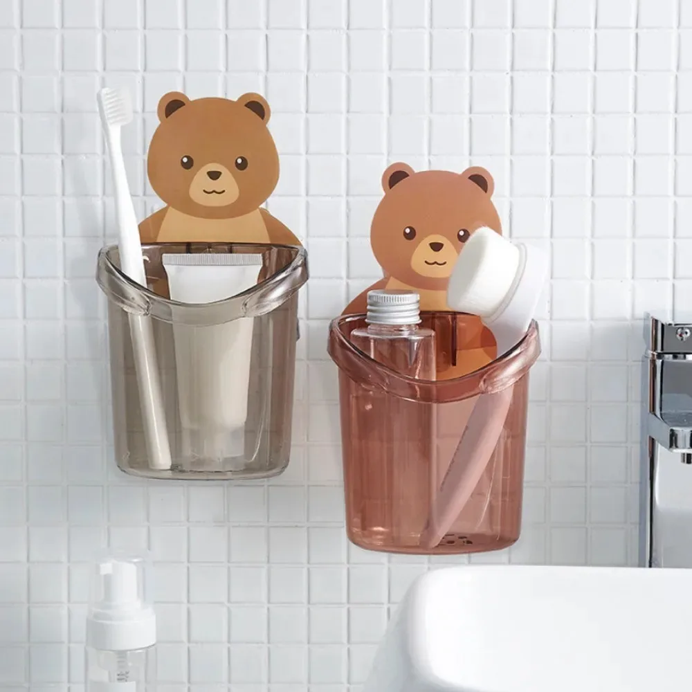 Toothbrush Holder Bear Wall No Drill Wall Mount Kids Bathroom Organizer Cute Non Slip Brush Holder Bath Accessories Shelf