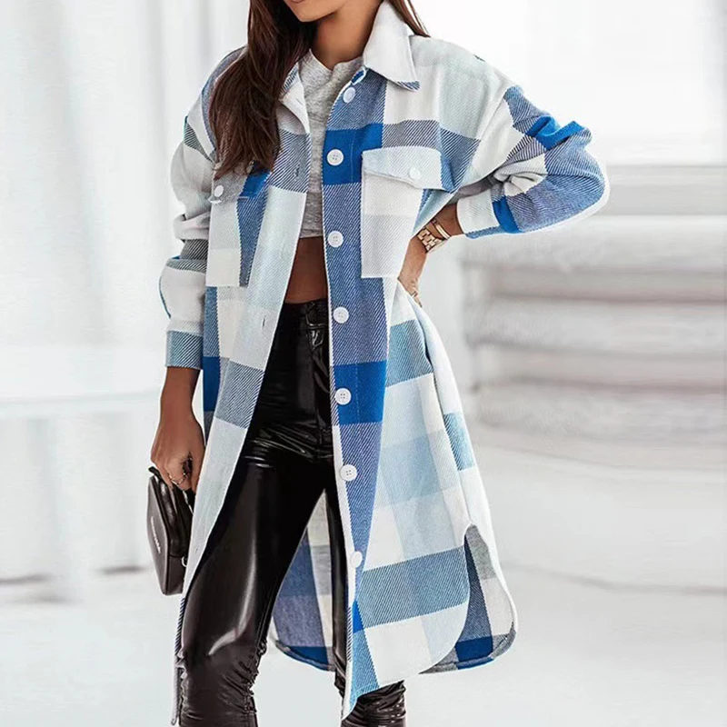 

Elegant Color Grid Print Long Sleeve Jacket Female Casual Lapel Woolen Trench Coats Winter Singled-breasted Long Flannel Outwear