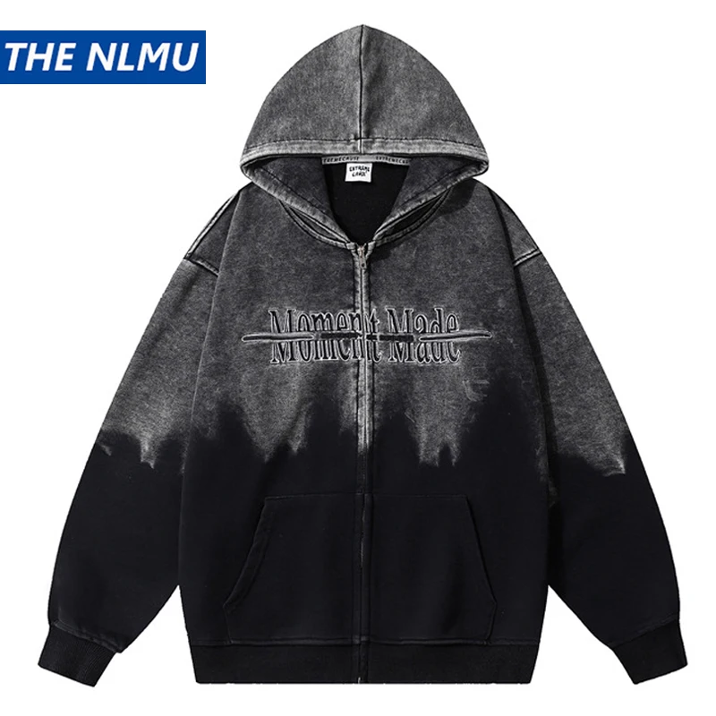 

Hip Hop Streetwear Zip Up Hoodie Jacket Men Vintage Washed Sweatshirt 2023 Autumn Casual Loose Hoodies Coat Unisex Clothing