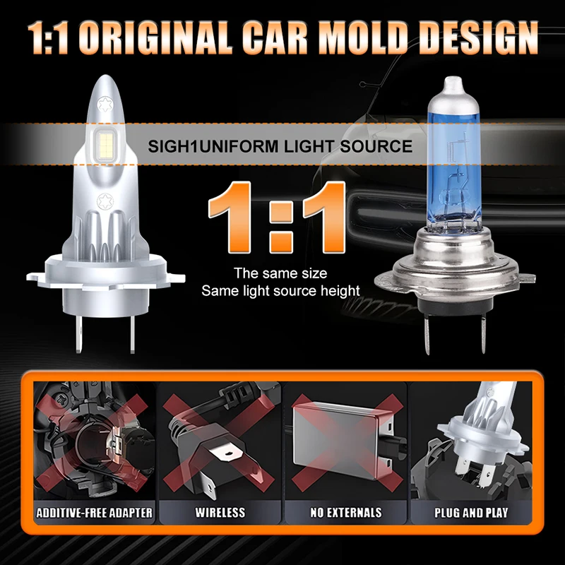듀얼 비전 H7 LED 헤드라이트, CANBUS 8054 CSP 칩, 6000K 하이 로우 빔 팬리스 자동 미니 다이오드, 1:1 사이즈 터보 램프, 12V 플러그 앤 플레이