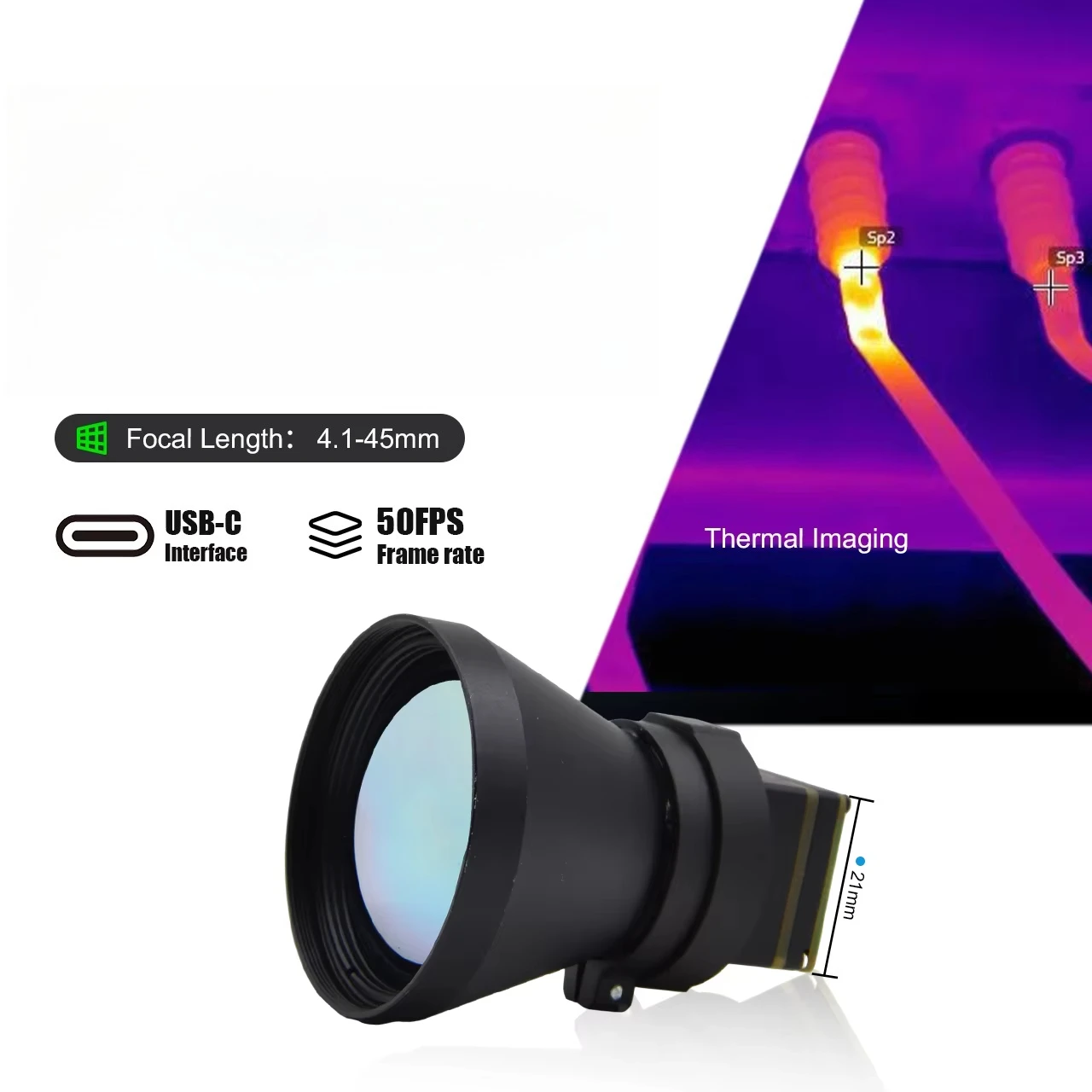 Module caméra drone 25mm démontré avec une règle pour échelle, fonctions d'observation et mesure de température.
