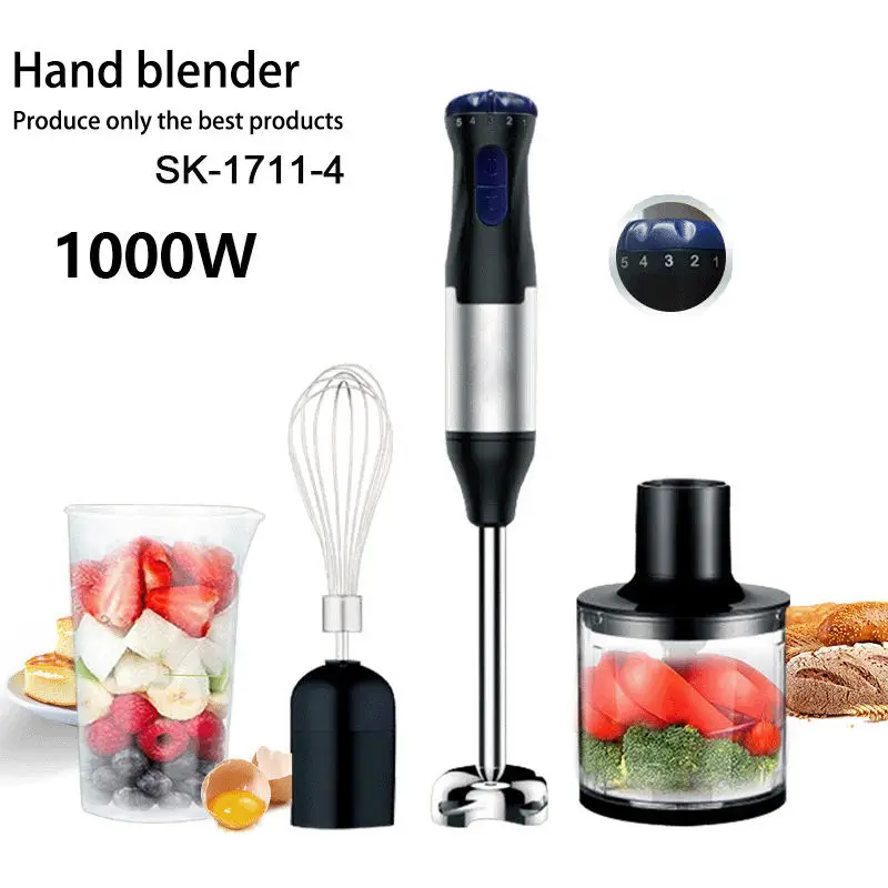 

Electric Stick Hand Blender 4 in 1 Handheld Mixer 1000W Stainless Steel Blade Vegetable Meat Immersion Egg Whisk Juicer