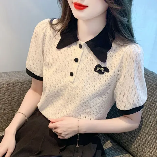 Short Sleeve Women's Polo Kawaii Summer Outfit T-shirts Contrast Color Aesthetic Korean Clothing Pulovers Trend 2025 Female Tee