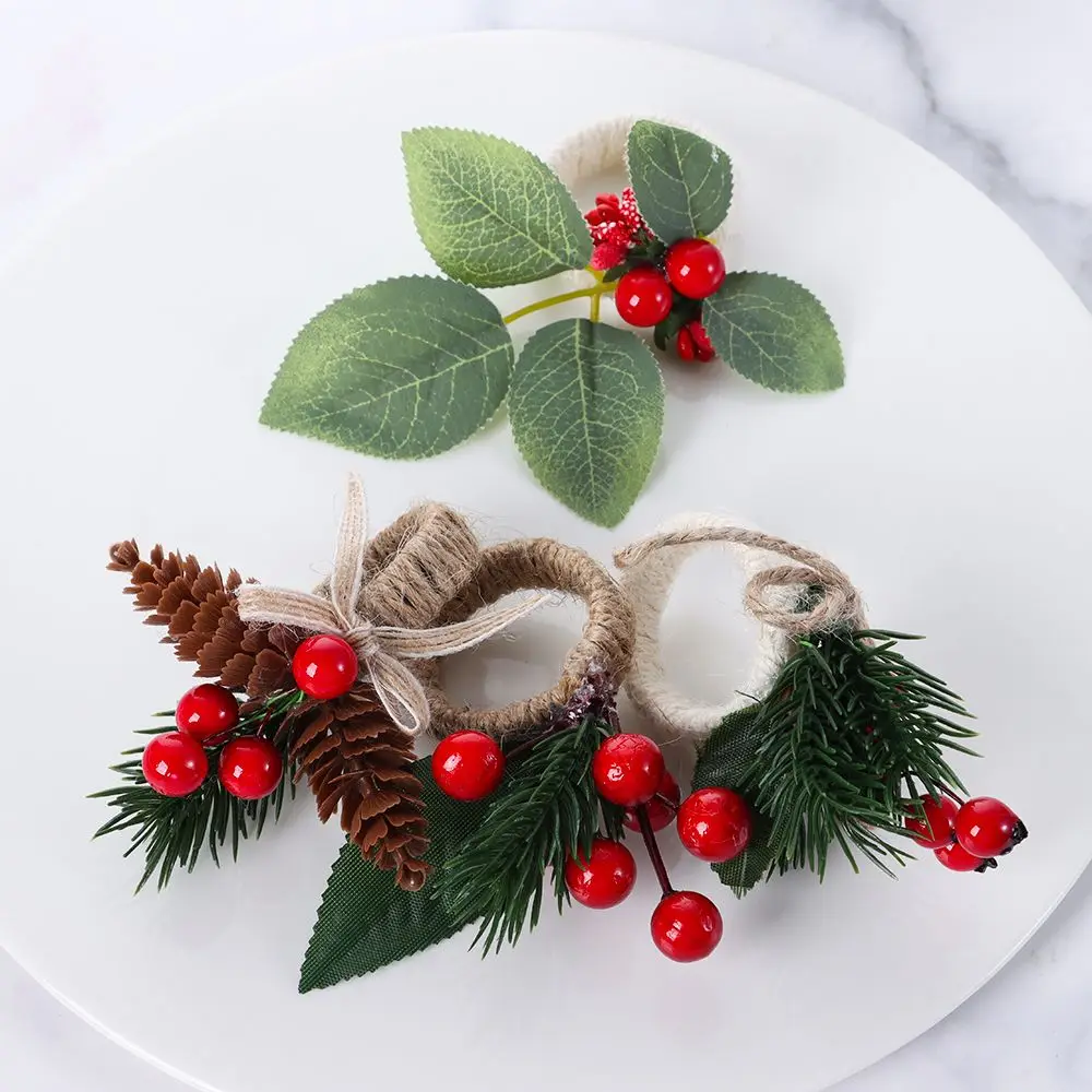 

Christmas Napkin Ring Red Berries Pine Cones Mouth Ring Pendant Wedding Banquet Table Supplies Circle Merry Christmas Decoration