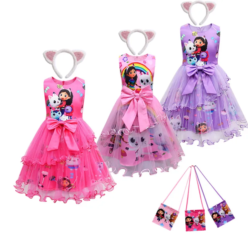 Summer Girls Dress Short Sleeve gabby's D-dollhouse Princess Gabby Cat Mesh Tutu Skirt Children's Birthday Party Cosplay Costume