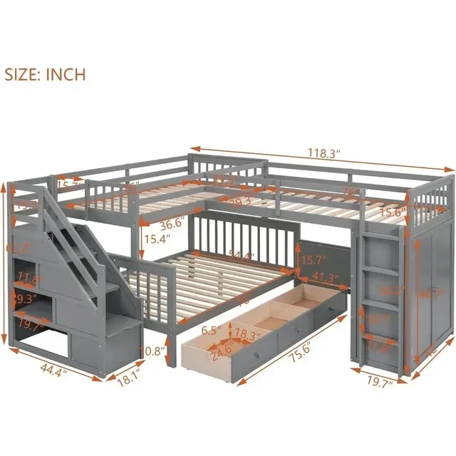 L-Shape Triple Bunk Bed with Stairs and Desk, Wooden Twin-Over-Full Design, Includes Storage Wardrobe, Shelves, and Drawers, 6 L-Shape Triple Bunk Bed with Stairs and Desk, Wooden Twin-Over-Full Design, Includes Storage Wardrobe, Shelves, and Drawers, 6