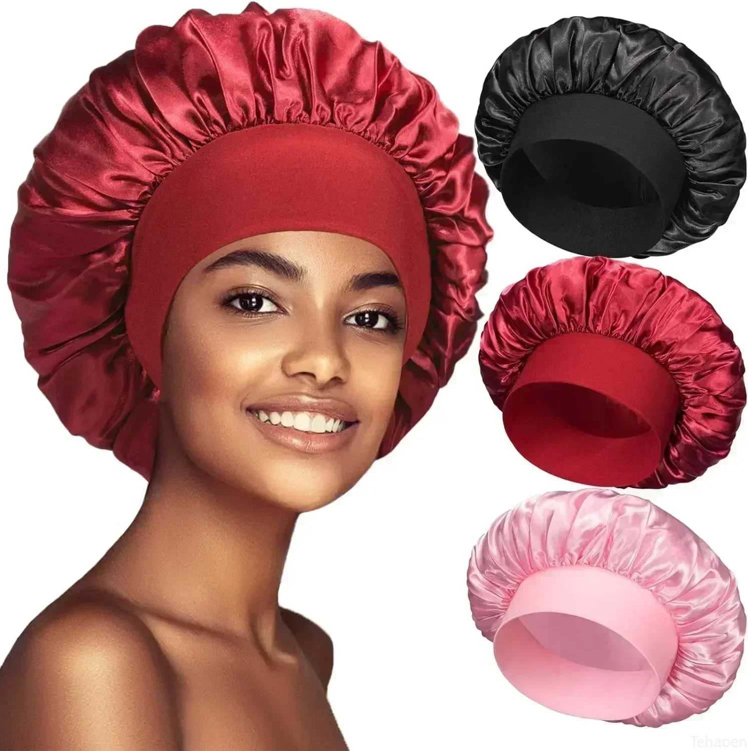 Women Night Sleep Hair Caps Silky Bonnet Satin Double Layer Adjust Head Cover Hat Shower Cap for Curly Hair Styling Accessories 2