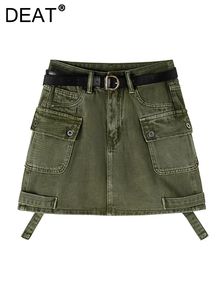 

DEAT Women's Denim Skirt High Waist Big Pockets Patchwork Buckle Wrap Hip Short Cargo Mini Skirt 2023 Winter New Fashion 29L5354