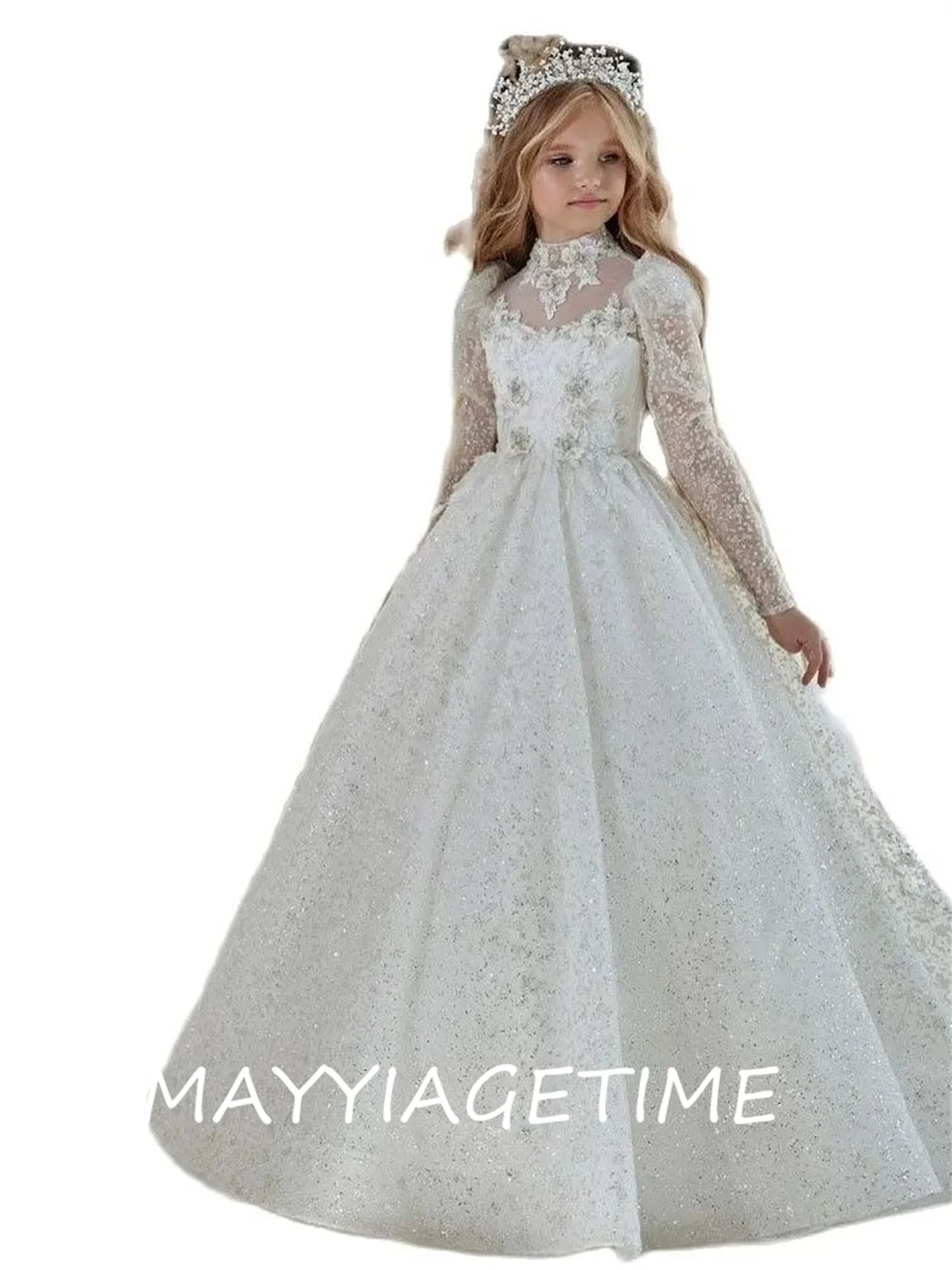 

Glitter Flower Girl Dresses Long Sleeve Floral Lace Blouse with Crystals Kids Baptism Communion Gown Button Back A Line Child