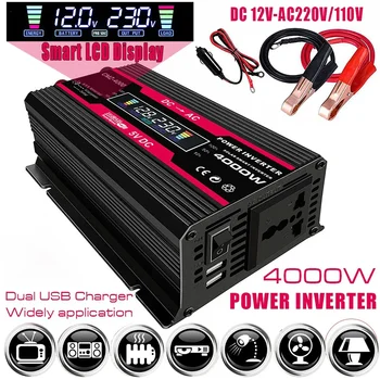 อินเวอร์เตอร์ 4000W Dual USB Modified Sine Wave 12V หม้อแปลงแรงดันไฟฟ้าพลังงานแสงอาทิตย์อะแดปเตอร์รถ Fast Charge Converter จอแสดงผล LCD 1