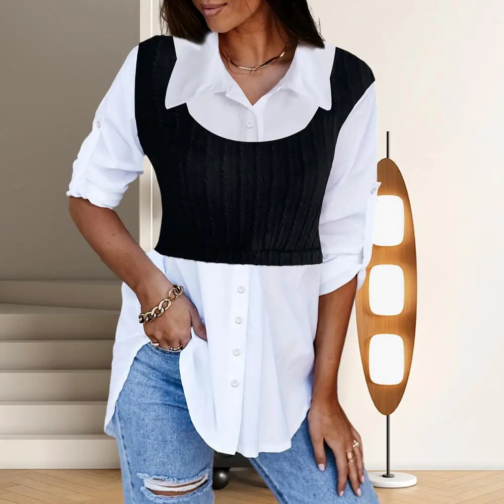 

Long-sleeved Blouse Chic Lapel Long Sleeve Women's Shirt Stylish Two-piece Patchwork Color Matching Cufflink Accents for Fall