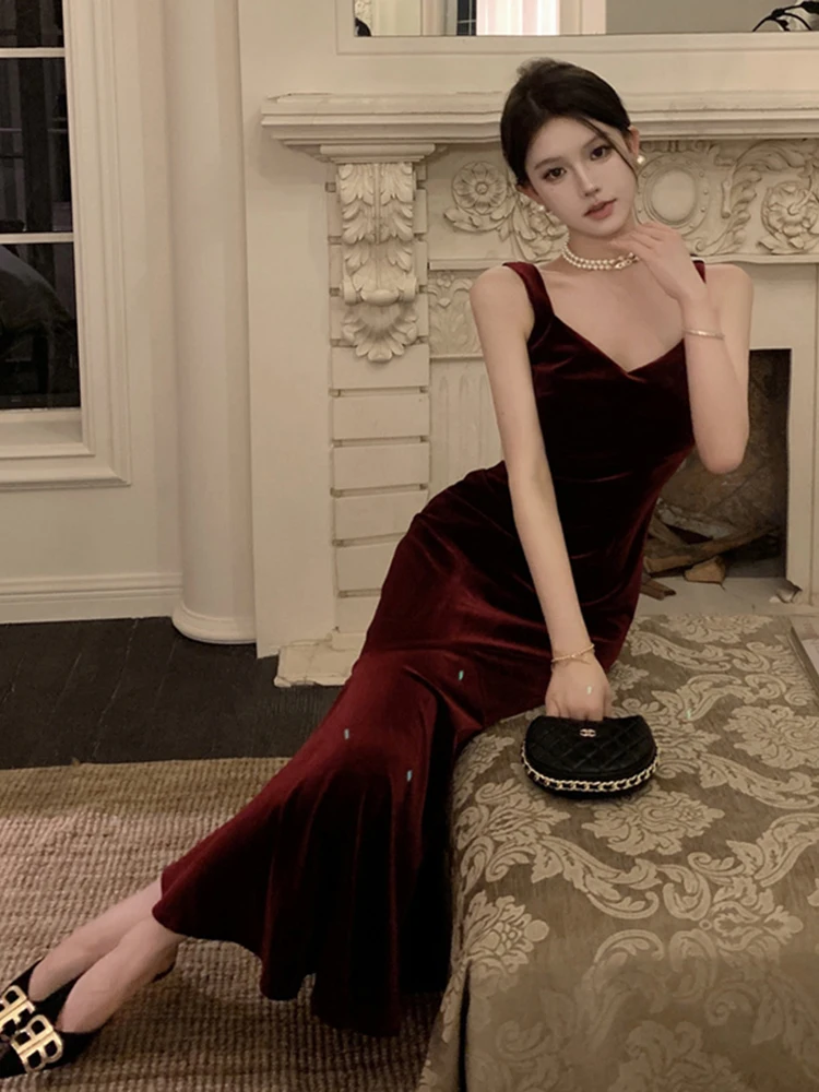 

Женское бархатное платье-миди без рукавов, элегантное платье с открытой спиной и юбкой-годе во французском стиле, одежда для свадьбы и вечеринки, Осень-зима 2024