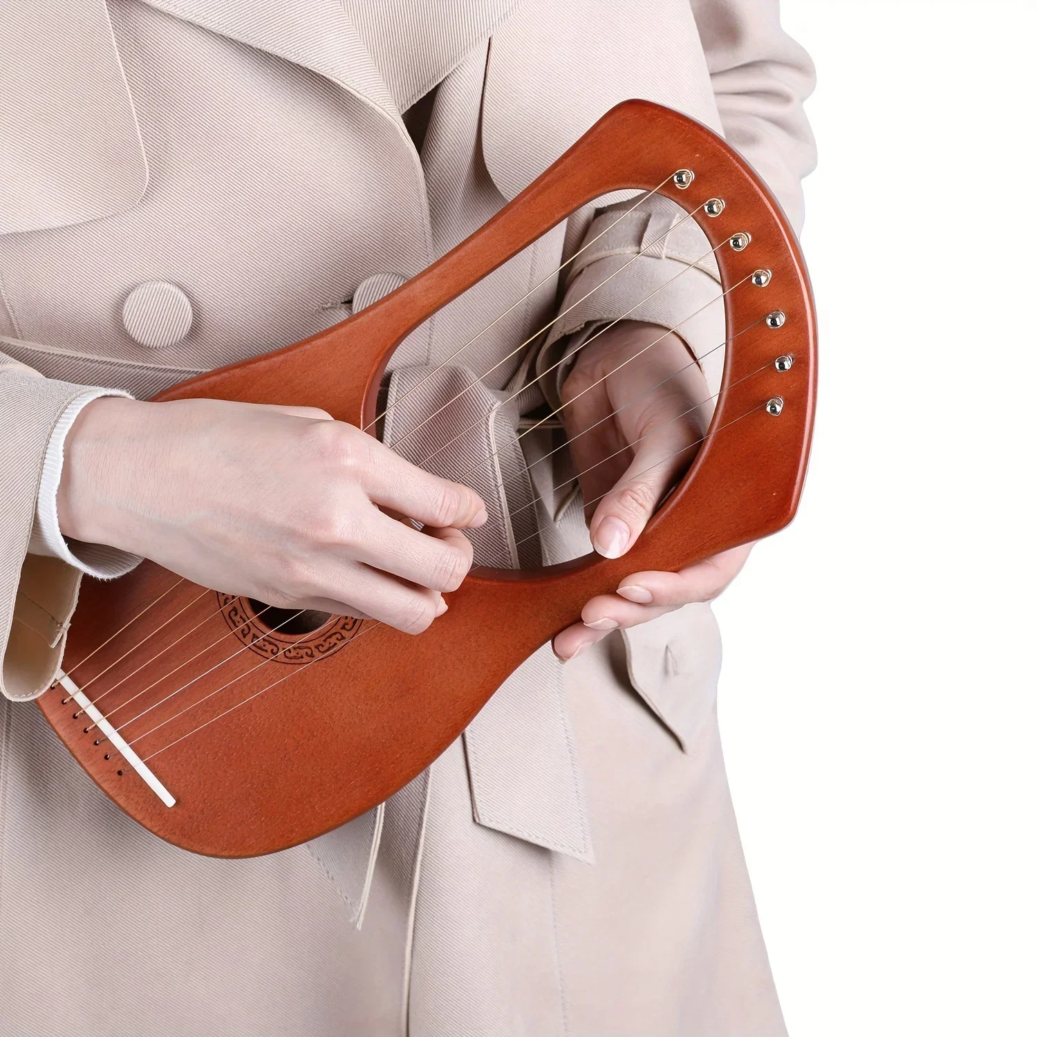 Mahogany 7-String Lyre Harp, Light Beige Varnished Finish with Phosphor Bronze Strings,Portable Small Harp Instrument with Metal