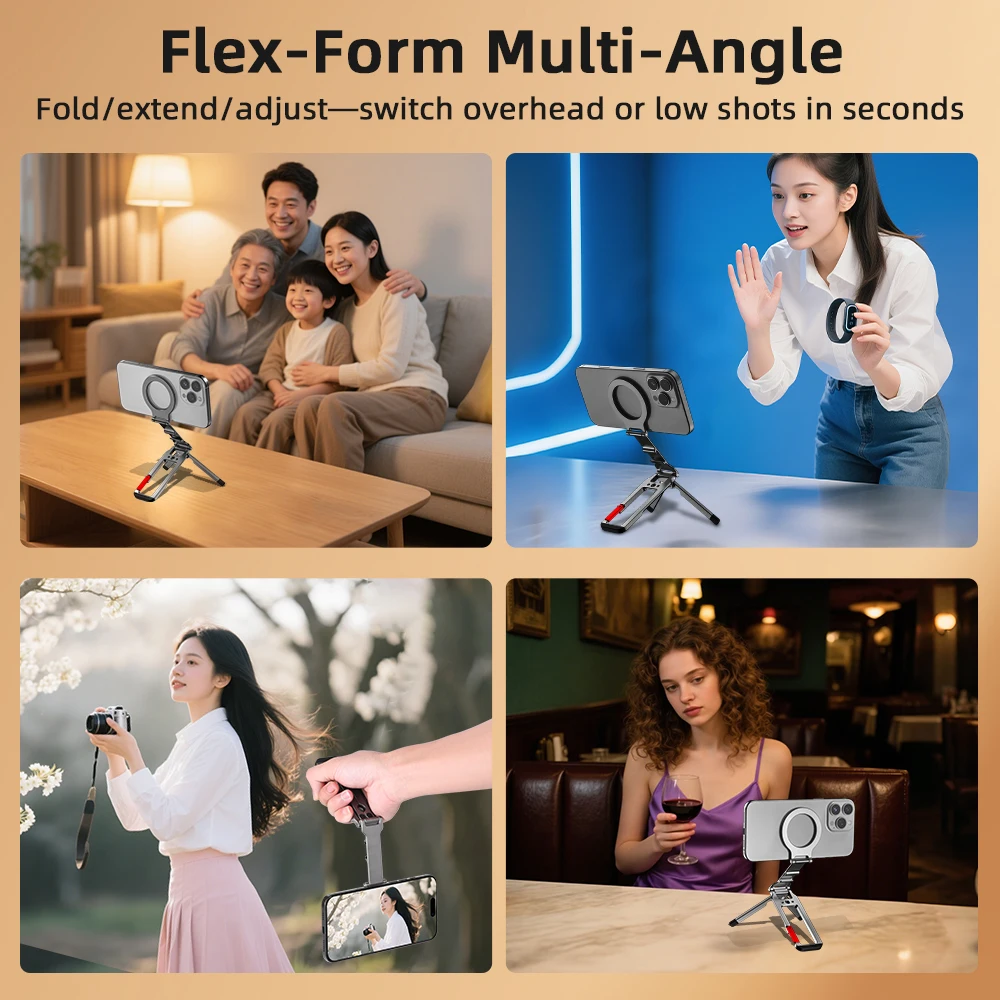 Flymile Magnetic Folding Phone Tripod Stand with Strong Magnet and Quick Mount Carabiner