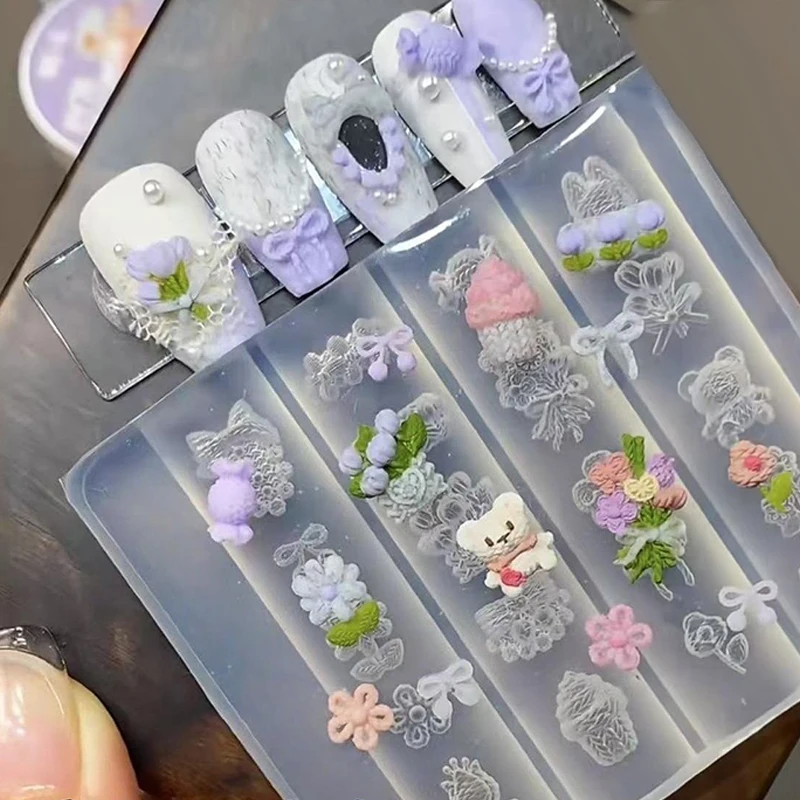 1Pcs 활 리본 실리콘 네일 몰드 꽃 네일 장식 손톱 DIY 디자인 입체 스탬핑 매니큐어 도구