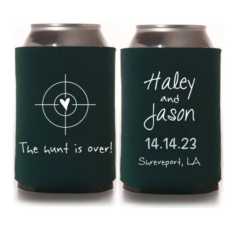 

The Hunt is Over Rustic - Personalized Southern Wedding Can Coolers, Beverage Holder, Beer Huggers,Favors For Country Guests