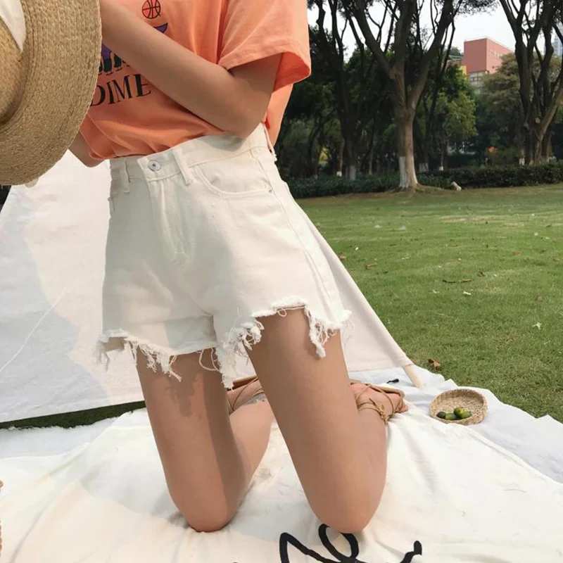 black denim shorts Summer Women's Clothing High Waisted Raw Edge Notched White Denim Shorts Women Wide Leg Pants Loose Thin Shorts Student Hot Pant cargo shorts