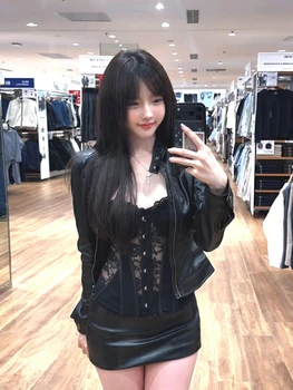 XZY plus Size Pure Desire Spicy Girl Sle Fibone Waist Crop Top Women's Early Autumn Leather Jaet ort Skirt Set