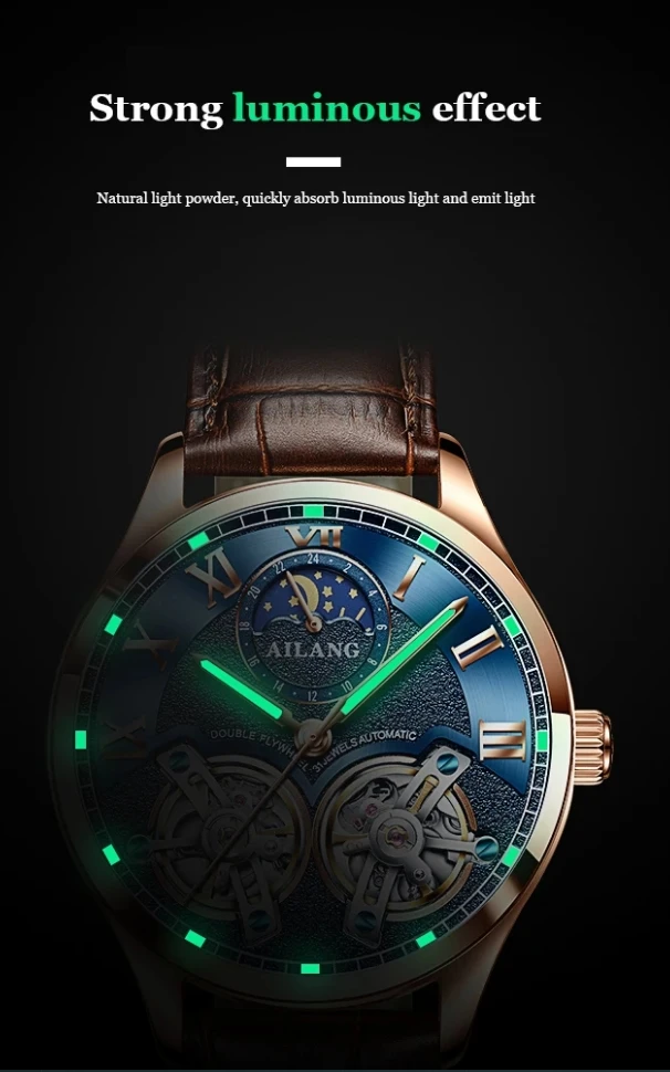 AILANG 8822 Herren Automatikuhr mit Doppel-Tourbillon, Skelett-Zifferblatt, Leuchtfunktion, wasserdicht, luxuriöse Business-Armbanduhr für Herren – Detail 5