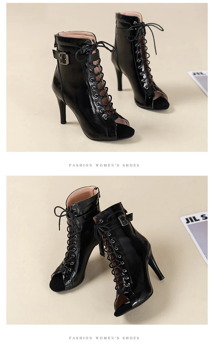 2024 nueva moda mujer negro con cordones tacones altos Jazz principiante 9CM tacones punta abierta Sexy fiesta baile zapato verano sandalia botas cortas