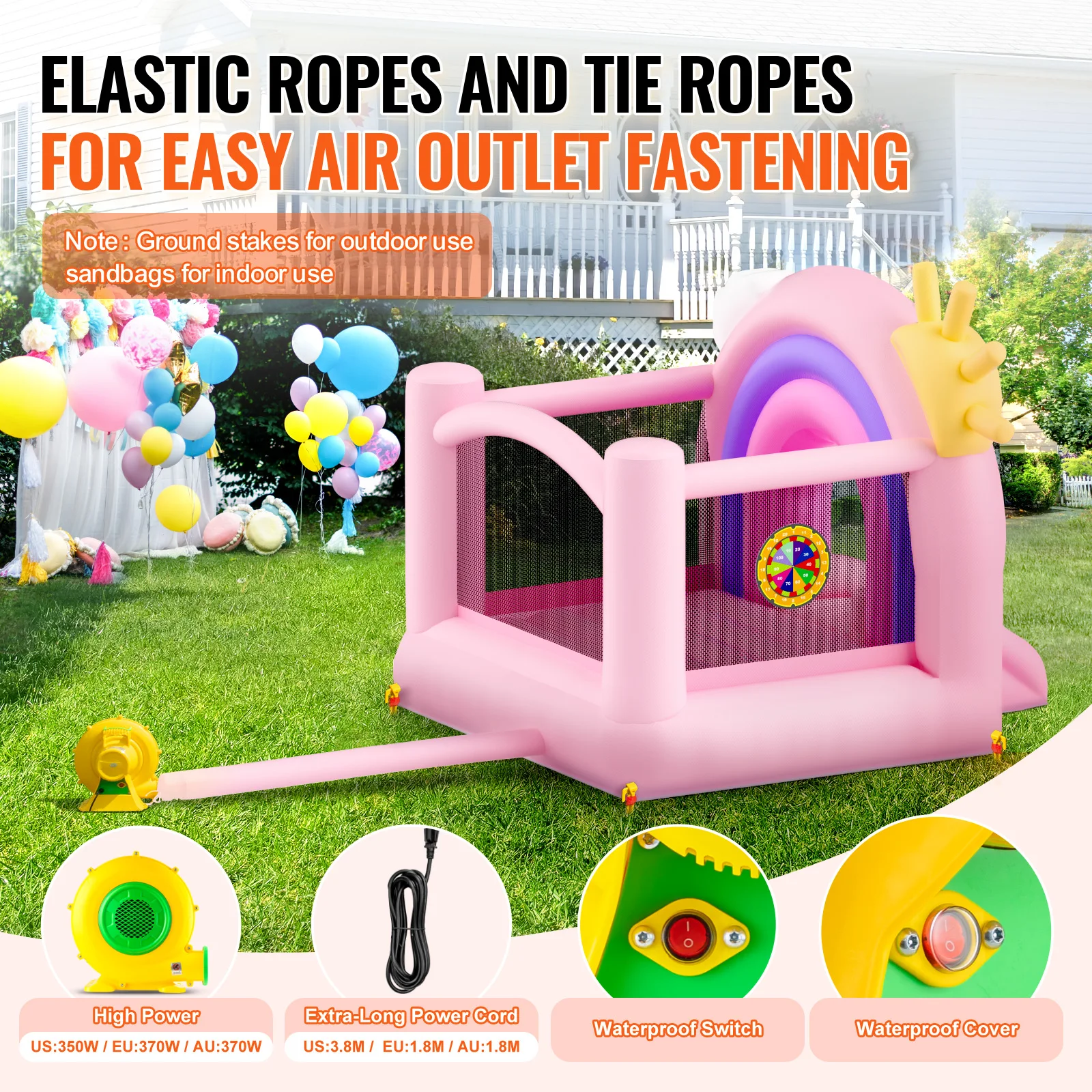 VEVOR Inflatable Bounce House Indoor Outdoor Playhouse Trampoline Kid Jumping Bouncer with Blower Slide Storage Bag 110x91x91 in 5