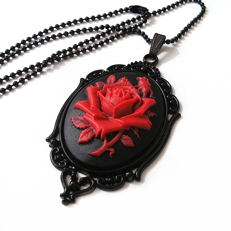 Collana Con Cammeo Rosa Nera E Rossa Vittoriana, Collana Con Rosa Gotica Vintage In Nero Ornato,