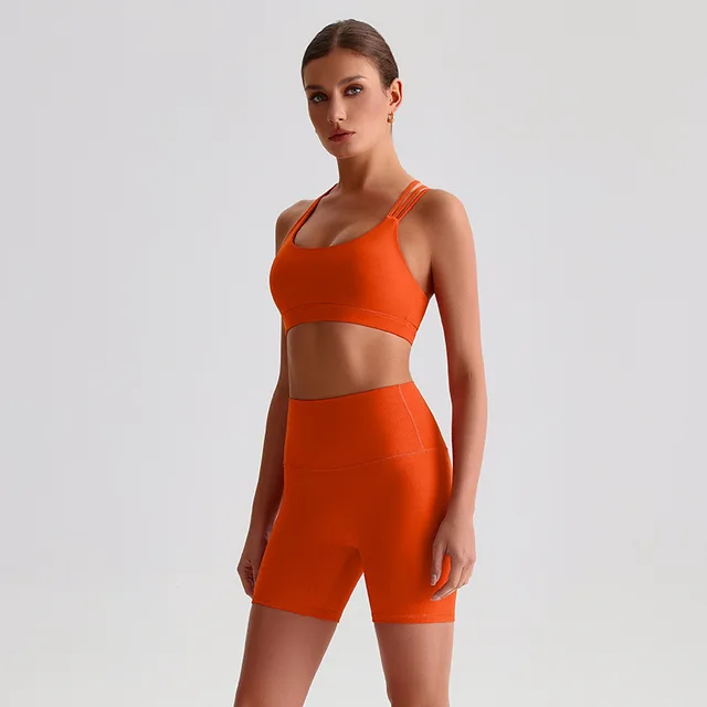Solid Color Gym Yoga Set Short Legging Cross Back Shoulder Strap Sport Bra Tracksuit Women Suit Comprehensive Training Athletic 4