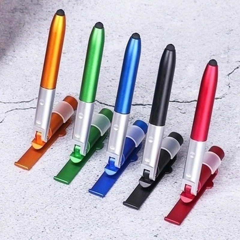 Ballpoint Pen with LED Light Multifunction Folding Stand for Phone Holder Night Reading Stationery Pen for Office School Student