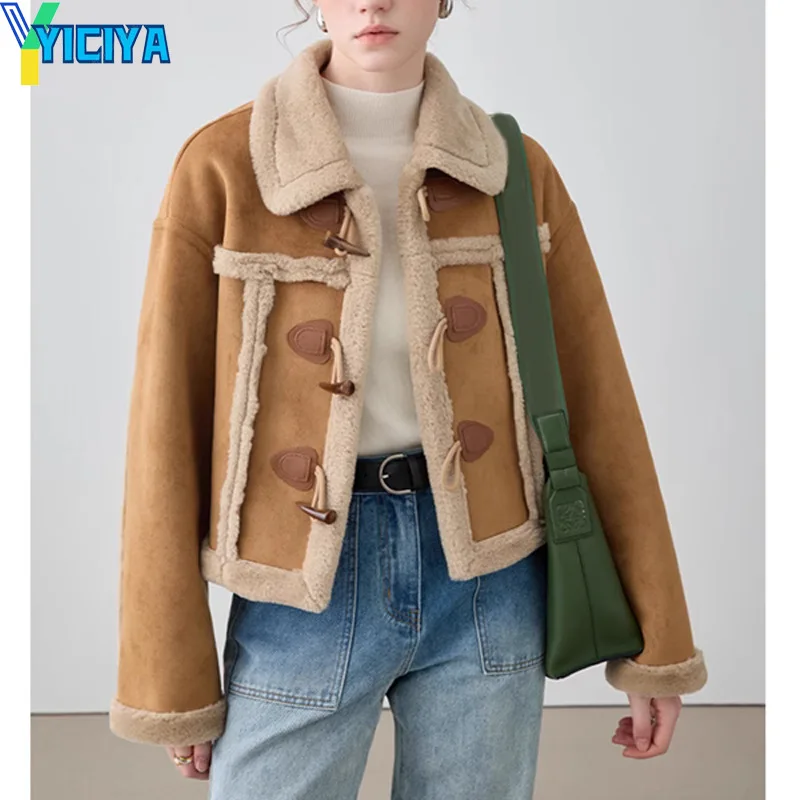

YICIYA Fur Integrated Short Coat 2023 Autumn And Winter Women's New brown Lamb Fur Plush Jacket varsity bomber jackets vintage