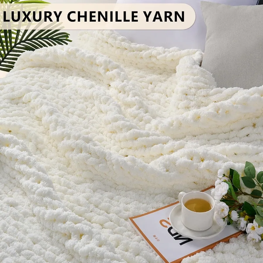 Chunky Knit Blanket Throw: 80''x90'' Chenille Chunky Knitted Throw Blanket for Bed Couch Handmade Thick Big Cable Knit Blanket