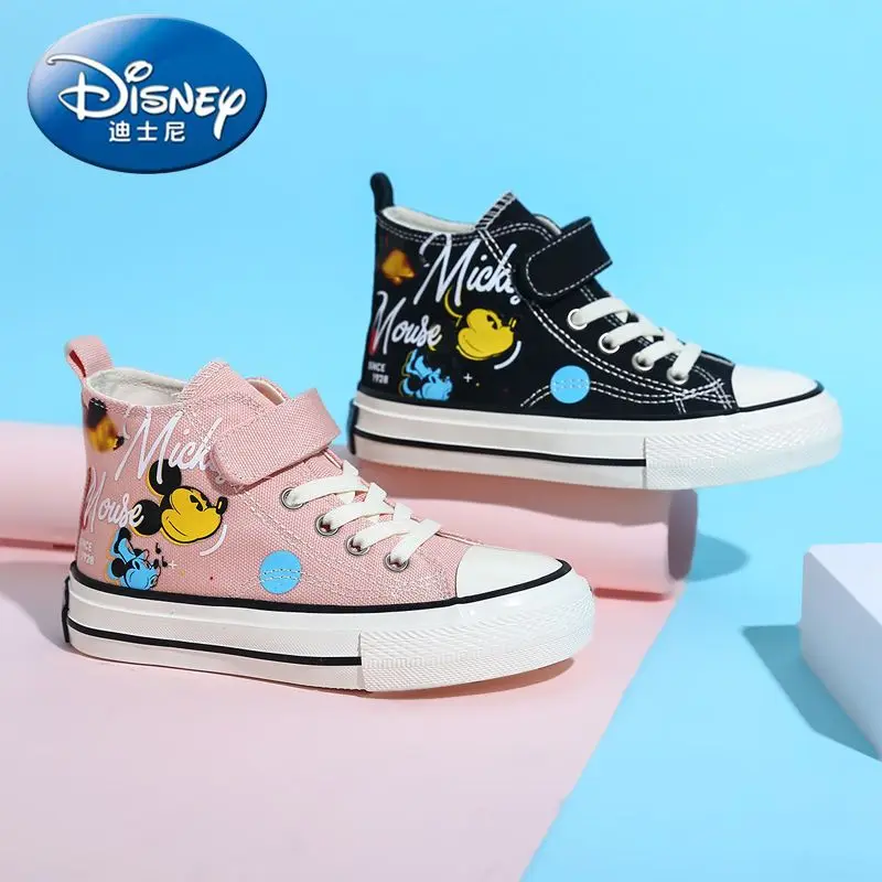 Mickey Girls Canvas Shoes 2024 New Fashion High Quality Real Pictures Casual Children Cartoon Graffiti High-top Boys Board Shoes