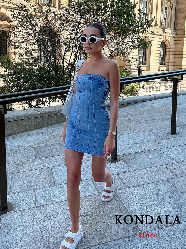 KONDALA Sexy Blue Denim Sheath Mini Party Dress Women Y2K