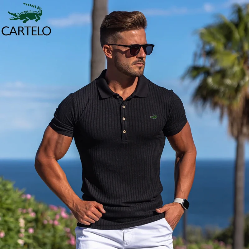 

CARTELO Brand Clothing Black Ribbed POLO Shirt Short Sleeve Summer New Sports Casual Loose Stretch T-Shirts Fitness Bottom Shirt