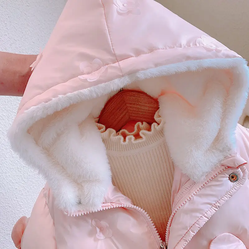 여자 겨울 자켓 코튼 코트 달콤한  공주 따뜻한 사랑스러운 후드 보우 짧은 파카 어린이 유행 두꺼운 아웃웨어