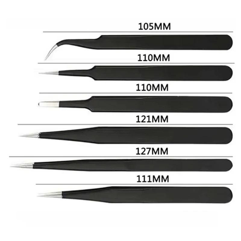 6Pcs Anti-static Stainless Steel Tweezers Maintenance Tool Industrial Precision Curved Straight Tweezers Repair Tools Set