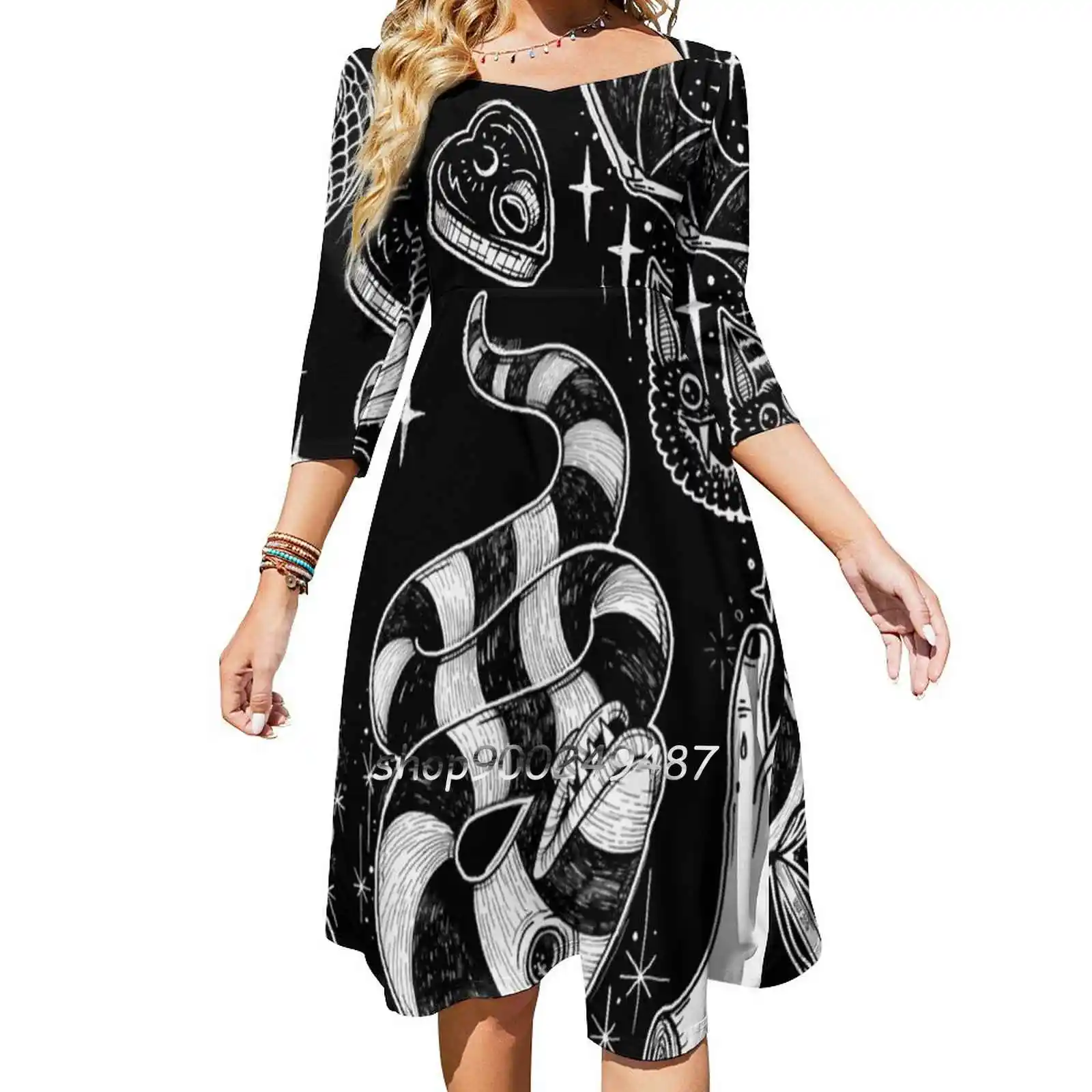 

Black Magic Sweetheart Knot Flared Dress Fashion Design Large Size Loose Dress Inktober Witchy Spooky Ink Lolle Witchcraft Magic