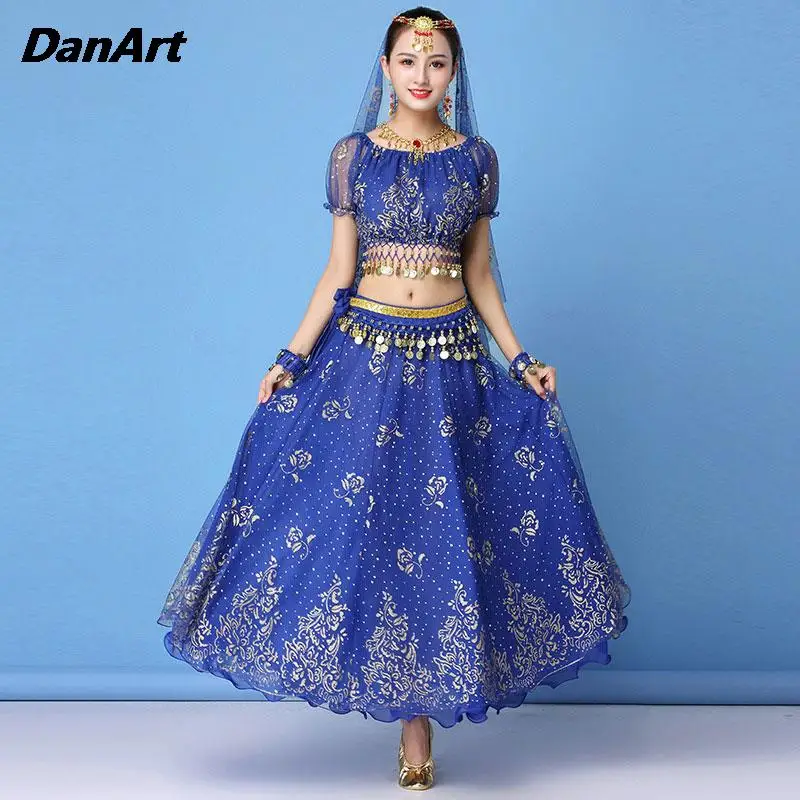 

Adult Indian Dance Set Women Belly Dance Sari Clothing Dance Performance Clothes Arabian Halloween Costume Set Bollywood Dress