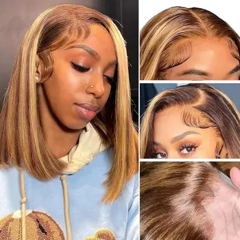 4/27 Highlight Bob Wigs Straight Lace Front Wig Human Hair 613 Honey Blonde Ombre Colored 13x4 Frontal Short Bob Wig Human Hair 1