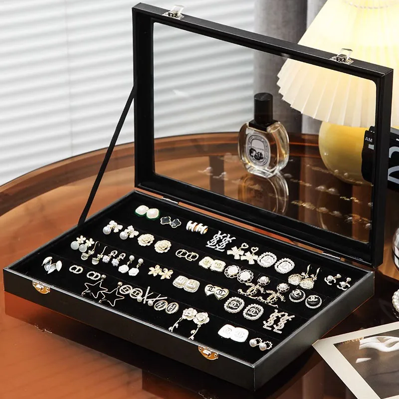 Wood Jewelry Box Organizer Ring Necklace Jewelry Boxes Storage Bracelet Earrings Transparent Skylight Separators Display Stand