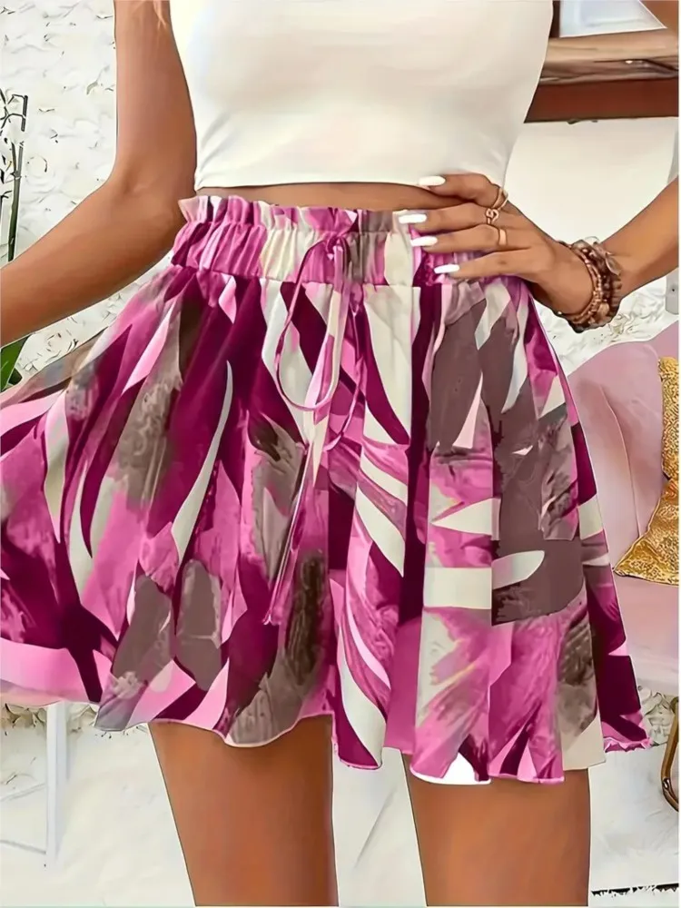 Women New Floral Print Drawstrings Elastic Waist Shorts Summer Fashion Bohemian Beach Bottom Loose Wide Leg Ruffle Hem Shorts 3