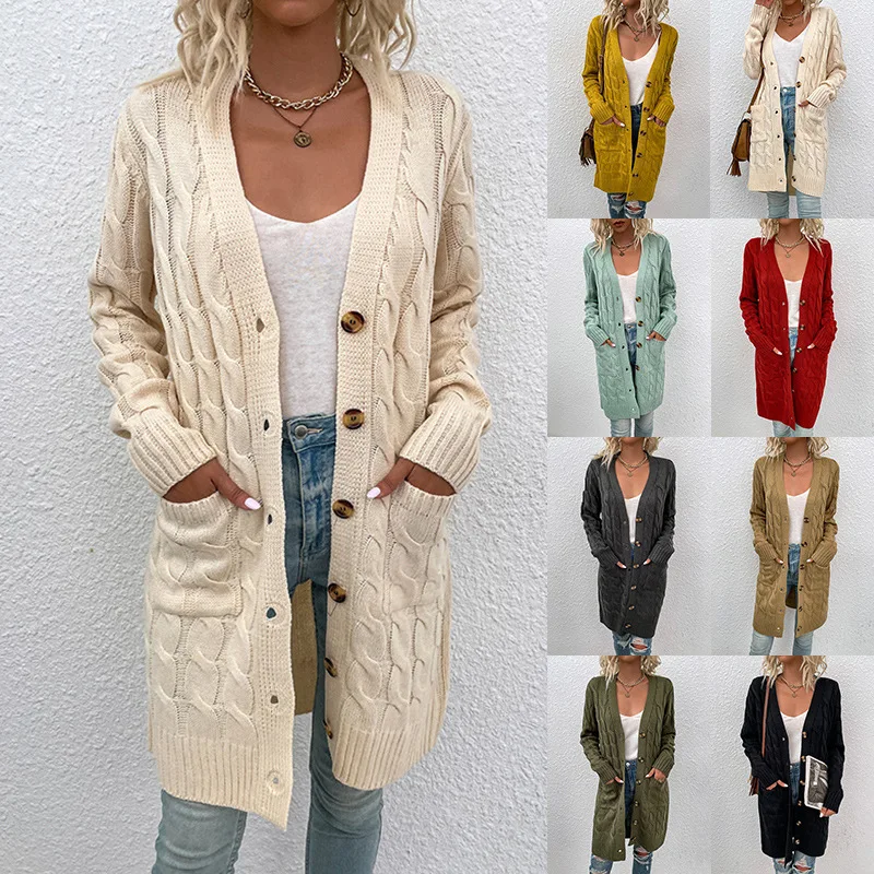 

Knits Autumn Winter Long Fried Dough Twist Sweater Women New Button Cardigan Women Clothes Girls Outwear