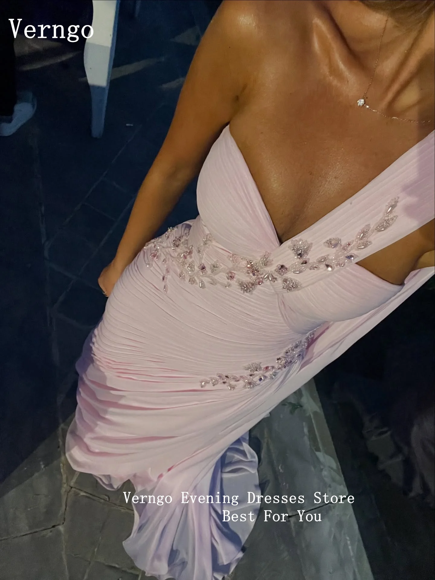 Verngo Pink Shiny Beading Formal Occasion Dresses One Shoulder A Line Prom Gowns Modest Arabic Evening Dress Customized 2