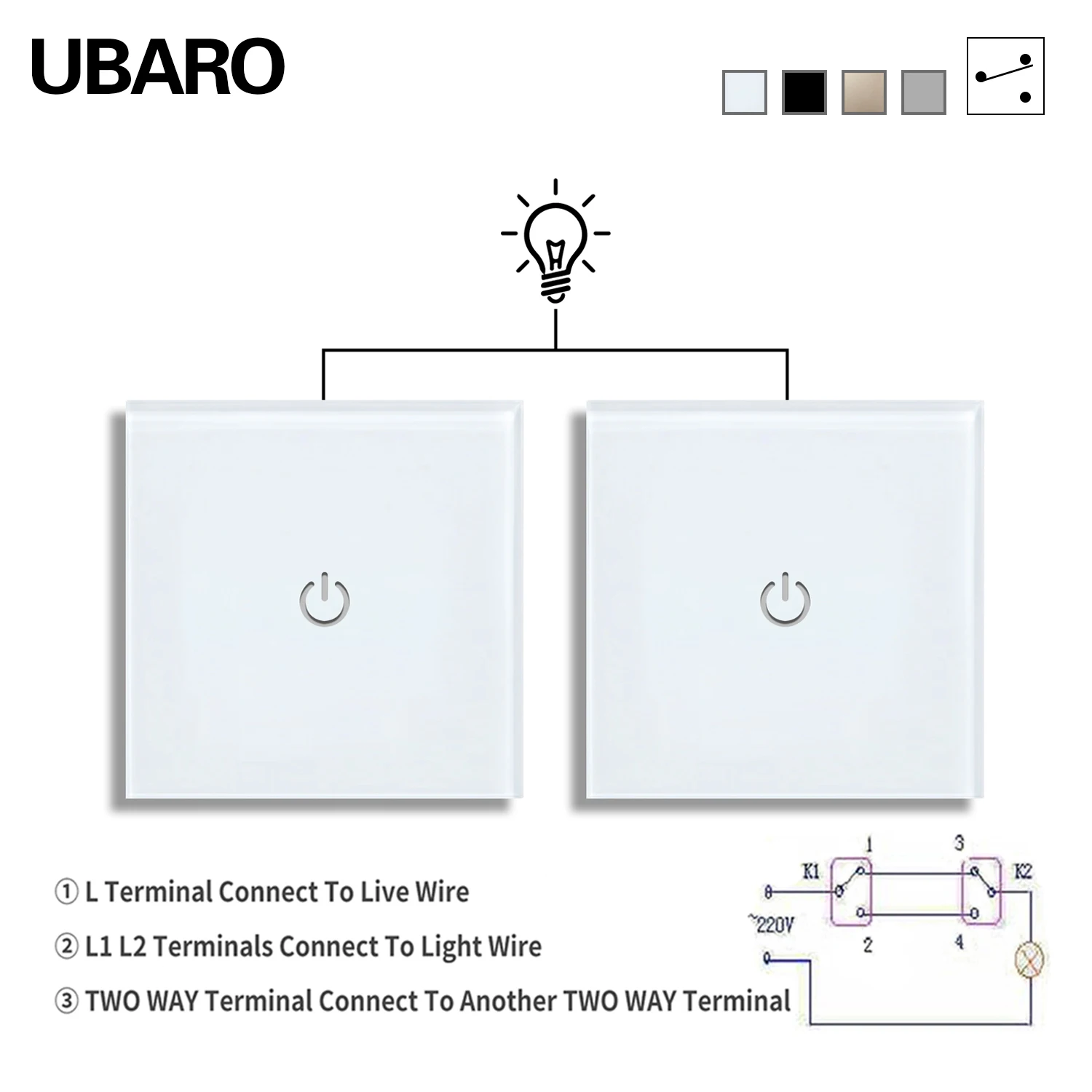Ubaro-eu Interruptor Sensor de Toque Padrão Painel de Vidro Temperado Escadas Quarto Interruptor Duplo ir e Vir 86 tipo Gangue 2way