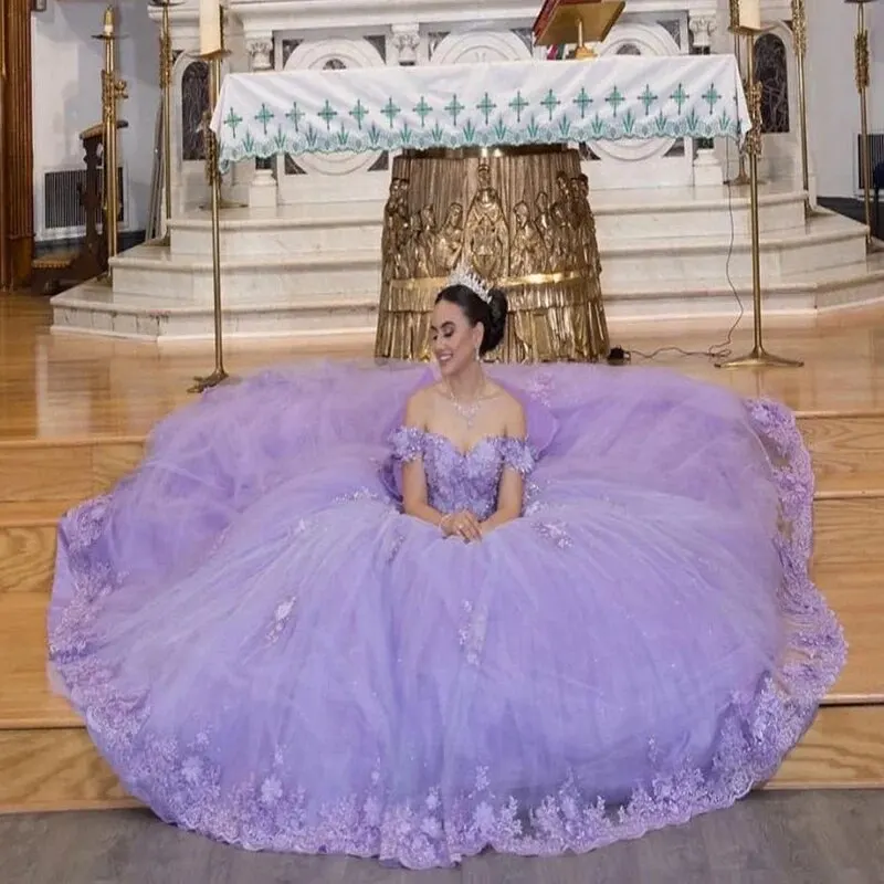 Purple Quinceanera Dress Ball Gown Applique Tulle Puffy 3D Floral Sweet 16 Girl Princess Birthday PageantEvening Dress